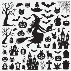 Spooky black and white Halloween silhouette collection with witch cat bats and tombstones on white