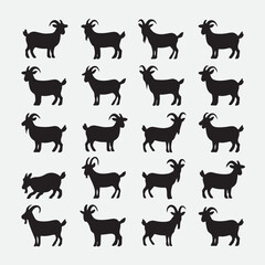 Set of varied goat silhouettes showcasing unique poses and minimalistic black design