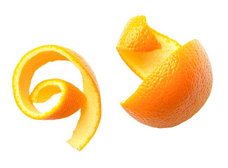Two orange peels spiraling, one peeled from an orange half, isolated on black background