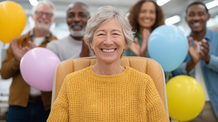 Happy caucasian elderly female celebrating birthday with diverse friends and balloons