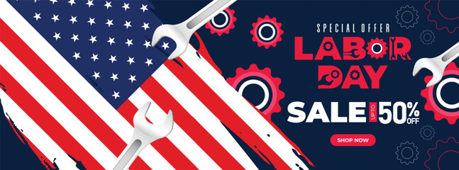 Patriotic Labor Day banner featuring American flag, wrenches, and stars in a red, white, and blue design. Perfect for promotions