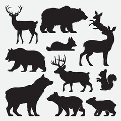 Minimalistic black animal silhouettes arranged in grid showing various poses and species