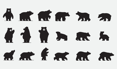 Set of black bear silhouettes in various upright and walking poses on white background