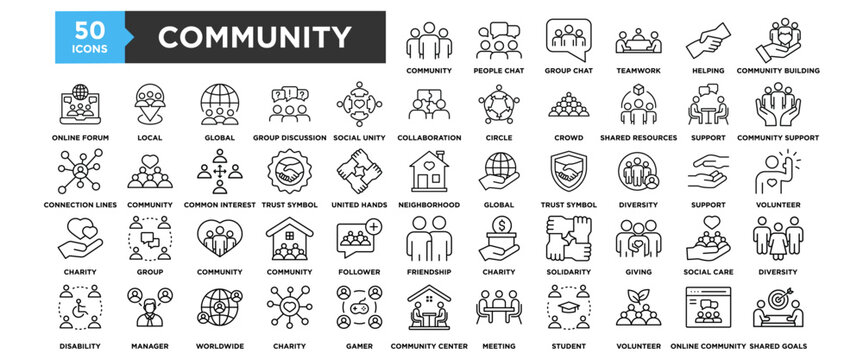 50 Community icon set. Containing design People Chat , Community Group, Group Chat, Teamwork , Community Building