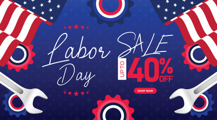 Celebrate Labor Day with a sale banner featuring tools, stars, and a festive red, white, and blue design. Perfect for digital marketing