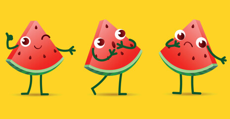 Obraz premium Set of funny characters made of watermelon pieces. Watermelons with emotions and different facial expressions. Cute fruits with different actions. Isolated vector character illustration.