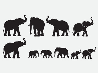 Black silhouette illustration set of adult and baby elephants in multiple walking and standing positions