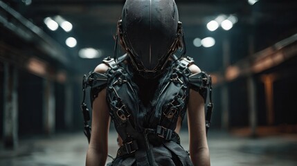 Person dressed in a high-tech futuristic suit illustrating the evolution of fashion and technology in a dynamic setting