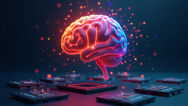 bright swirling vortex rainbow hues emanates pixelated ai brain set dark gradient backdrop suspended amidst