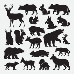 Black wildlife silhouettes collection with realistic and stylized animal shapes on white background