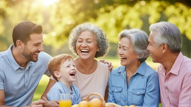 Multi Generational Family Laughing Together Outdoors During Picnic in Sunlight