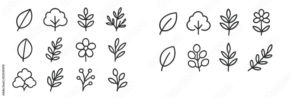 Poster simple line drawings of various plants and flowers arranged in a balanced layout on a light backgrou