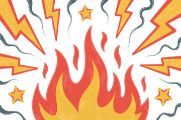 a dynamic graphic featuring fire flames surrounded by lightning bolts and small stars. 