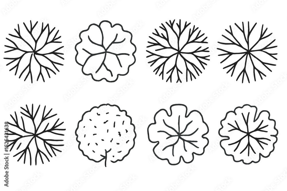 Poster abstract tree and plant illustrations with various leaf patterns displayed in a creative arrangement