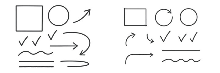 Creative sketches illustrating geometric shapes and lines used in visual communication for design concepts