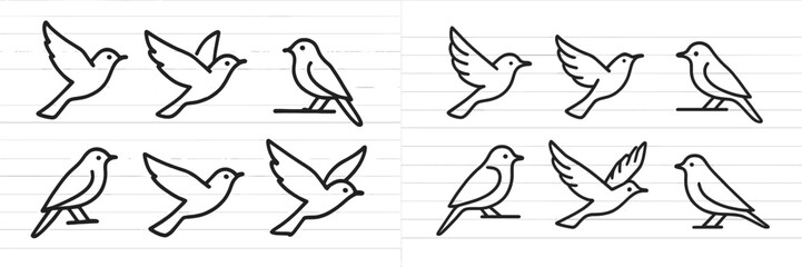Fototapeta premium Various bird illustrations in a minimalist style showcasing different poses and perspectives during daylight hours