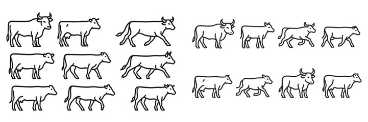 Cows walking in different positions and styles on a simple background showcasing movement
