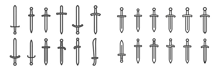Variety of sword designs displayed in minimalistic style showcasing different shapes and sizes