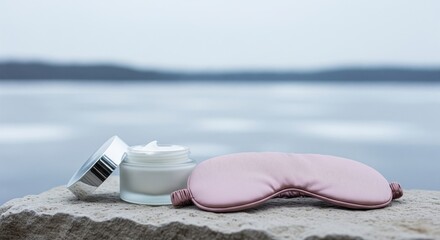Open jar of face cream with pink silk sleep mask on stone by lake