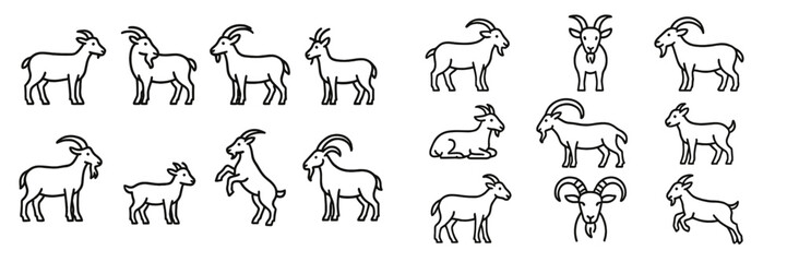 Various goat illustrations featuring different poses, sizes, and characteristics in a simple black outline style