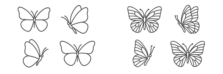 Detailed illustrations of butterflies showcasing different designs and patterns in black and white