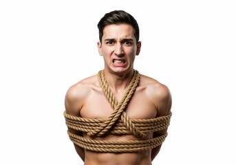 Fototapeta premium Distressed young man tightly bound with thick rope against a stark white backdrop