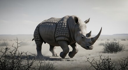Fototapeta premium Rhino Charging Across Dry African Savanna Wildlife Conservation