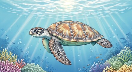 Obraz premium Sea Turtle Swimming Underwater Coral Reef