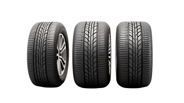 Three New Car Tires  isolated on transparent background Automotive Parts