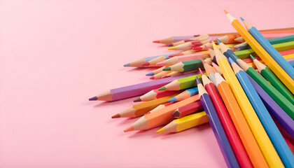 Fototapeta premium A vibrant pile of colorful pencils arranged on a soft pink background, perfect for representing creativity, art, and school supplies in a playful and eye-catching way. 