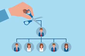 Organizational Restructuring and Downsizing Concept with Scissors Cutting off the Top Level of the Hierarchy Structure