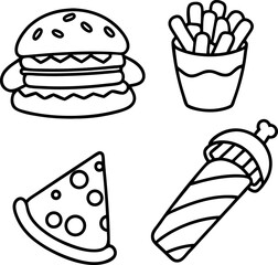 Fast food icon set black and white outline hamburger pizza french fries and drumstick