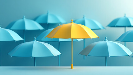 Obraz premium solitary yellow umbrella stands prominently backdrop blue umbrellas set soft diffused natural light