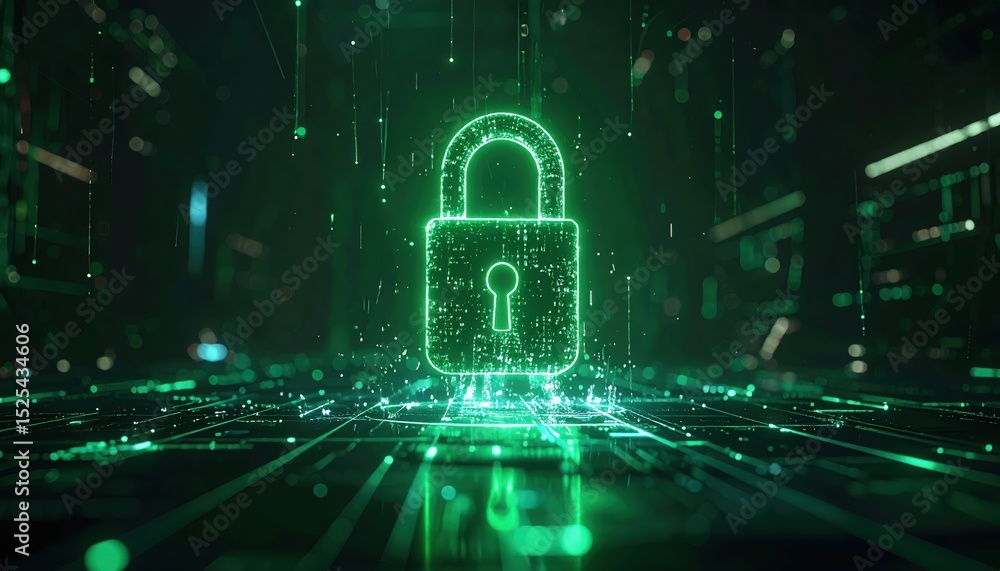Poster digital security lock icon with connected network lines and data security concept in a futuristic cy