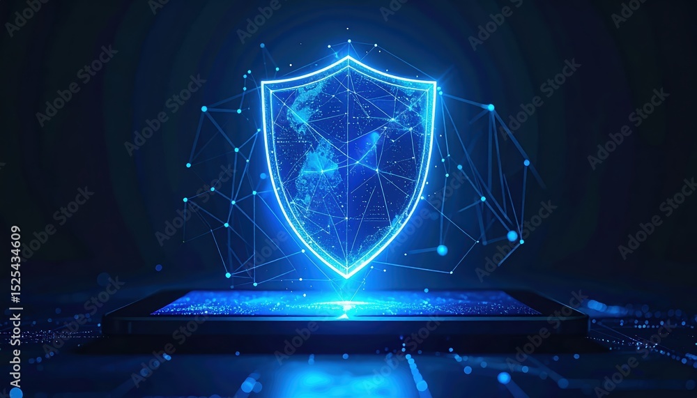 Poster futuristic glowing digital shield icon representing cybersecurity protection defense technology and 