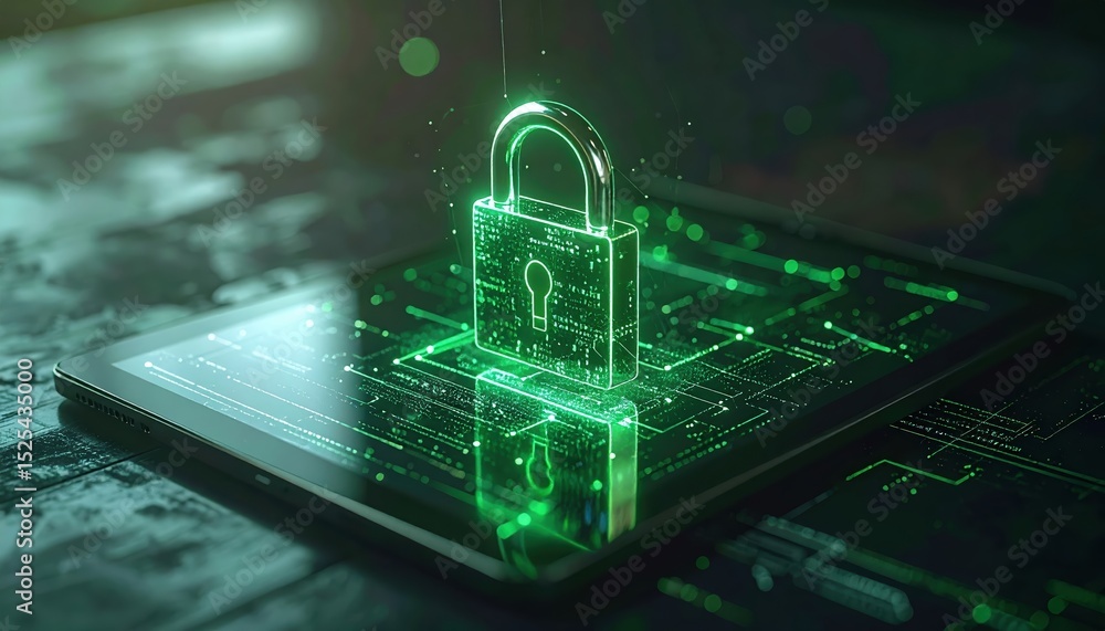 Poster futuristic digital security lock hologram over a tablet device representing cybersecurity protection