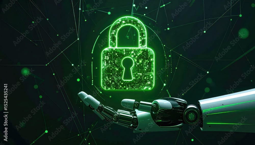 Poster advanced robotic hand reaching out towards a glowing digital padlock symbol representing cybersecuri