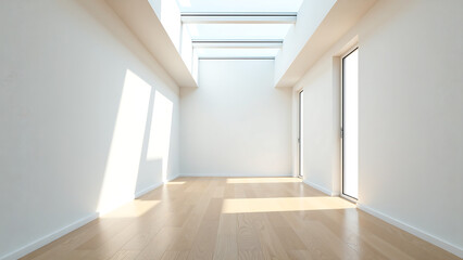 Obraz premium minimalist hallway sleek white walls polished hardwood floors stunning glass ceiling bathed soft natural
