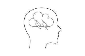 Mind storm cloud lightning head line drawing illustration