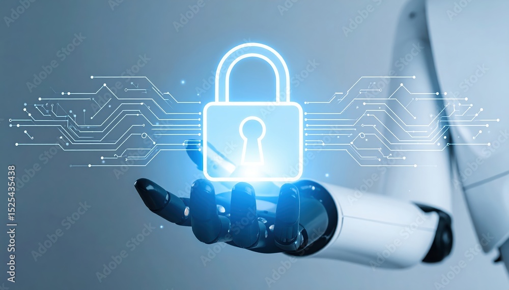Poster futuristic robotic hand holding illuminated digital padlock symbolizing cybersecurity protection and