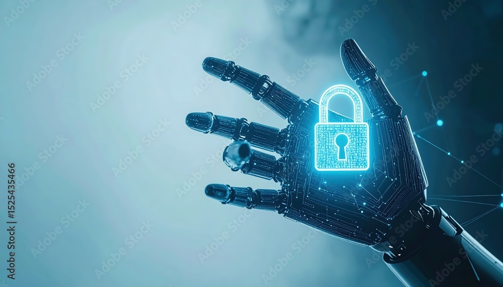Poster futuristic digital hand with glowing lock icon representing cyber security technology and data prote