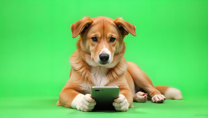 A cute dog sits calmly against a green background, attentively watching a mobile phone, capturing a funny and charming moment of modern pet curiosity.

