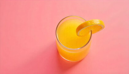 A refreshing glass of orange juice with a juicy orange slice on the rim, isolated against a vibrant pink background, creating a bright and summery visual.
