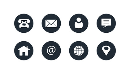 Modern contact and communication icons set in dark circular backgrounds. Ideal for web, business cards, or UI design.