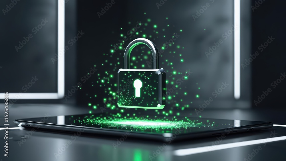 Poster close up of digital security padlock symbol glowing on smartphone screen with green particles repres