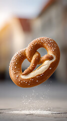 Freshly baked salted pretzel floating outdoors with blurred background