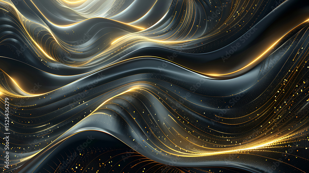Leinwandbilder Elegant abstract background featuring flowing black waves accented with shimmering golden lines and particles, creating a luxurious and dynamic visual texture