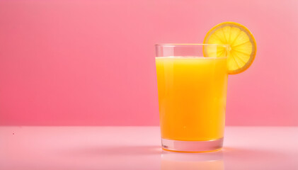 A refreshing glass of orange juice with a juicy orange slice on the rim, isolated against a vibrant pink background, creating a bright and summery visual.

