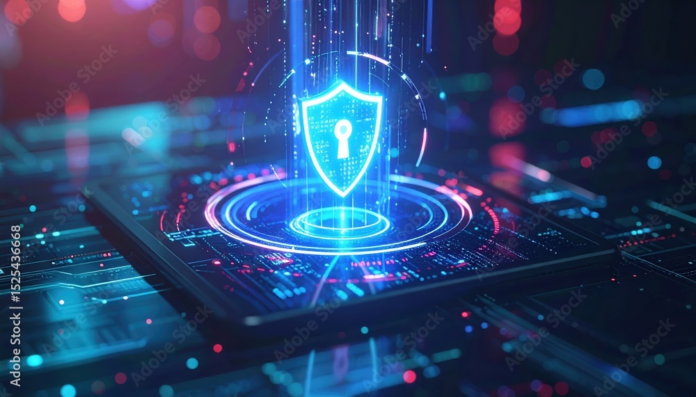 Poster digital security shield icon glowing on a futuristic smartphone screen representing cybersecurity an