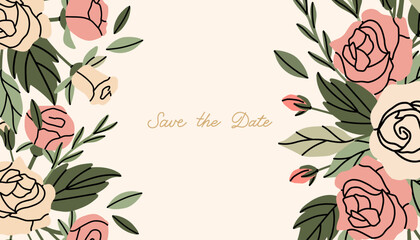 Rose wedding background. Pink flowers and green leaves. Decorative banner, spring summer elegant horizontal poster. Bouquet with blossoms. Botanical decoration vector cartoon flat isolated illustratio